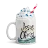 White glossy mug with handle on left