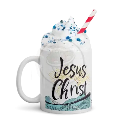 White glossy mug with handle on left