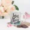 White glossy mug with handle on right