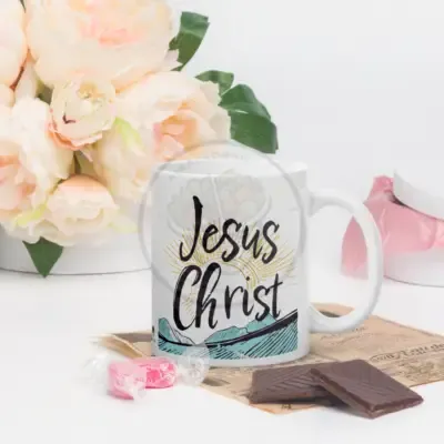White glossy mug with handle on right
