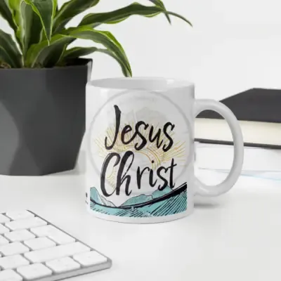 White glossy mug in an office environment